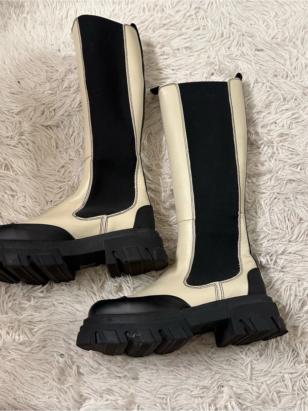 GANNI Off-White Leather Tall Chelsea Boots Knee High Ivory 40